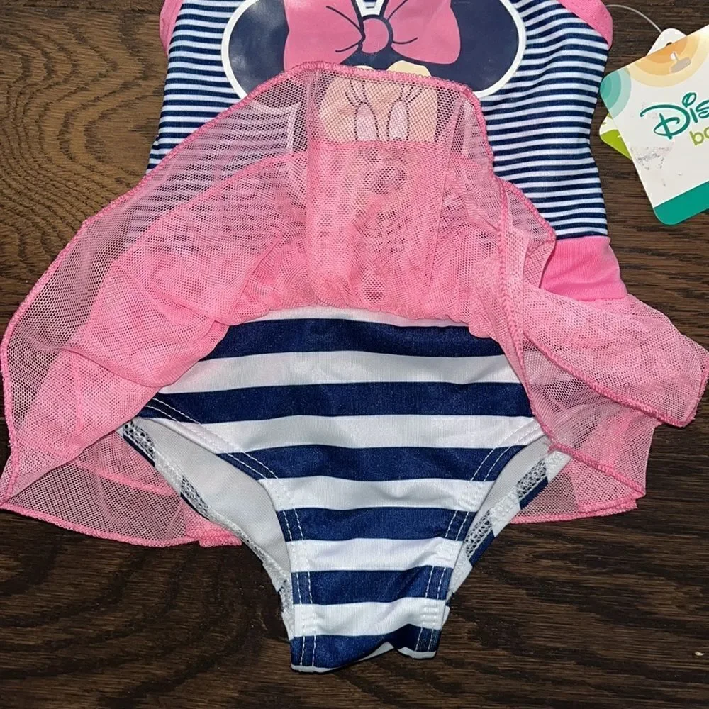 New Disney Baby French Blue Stripe Pink Bow Toddler Girls Swimsuit 12 month MO